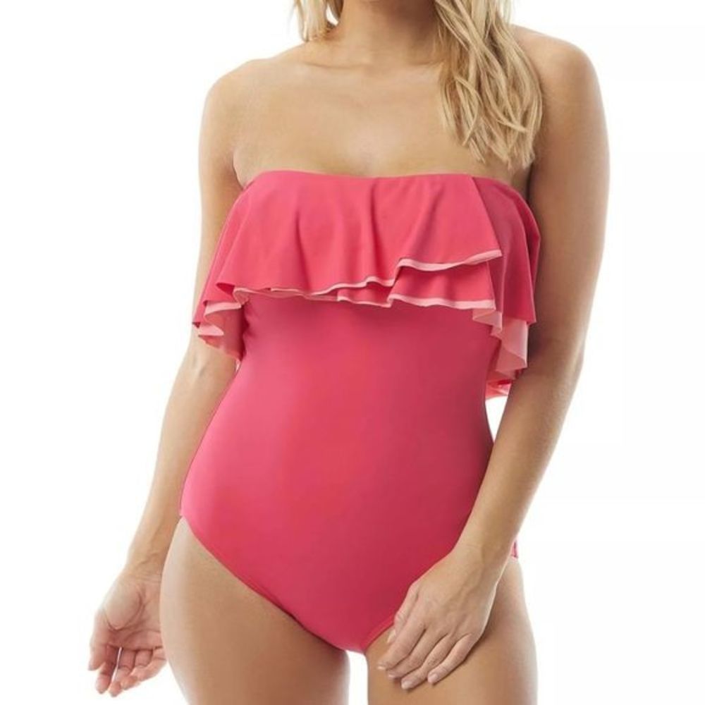 Coco Reef Contours 38C/14 Pink Ruffle Strapless Tummy-Control Swimsuit a236 - Picture 4 of 8